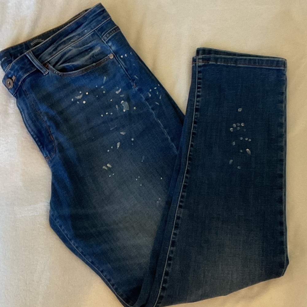 J. Jill Dark Blue Denim Jeans with White and Light Blue Paint-Effect Detail